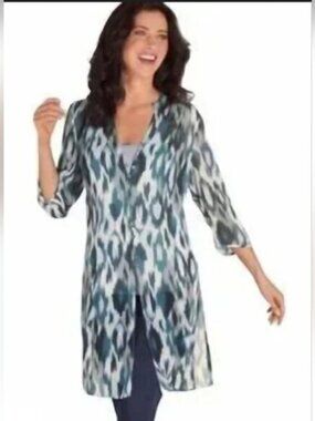 Soft Surroundings SZ M Blue Ikat Sheer Button Down Tunic Duster 3/4 Sleeves